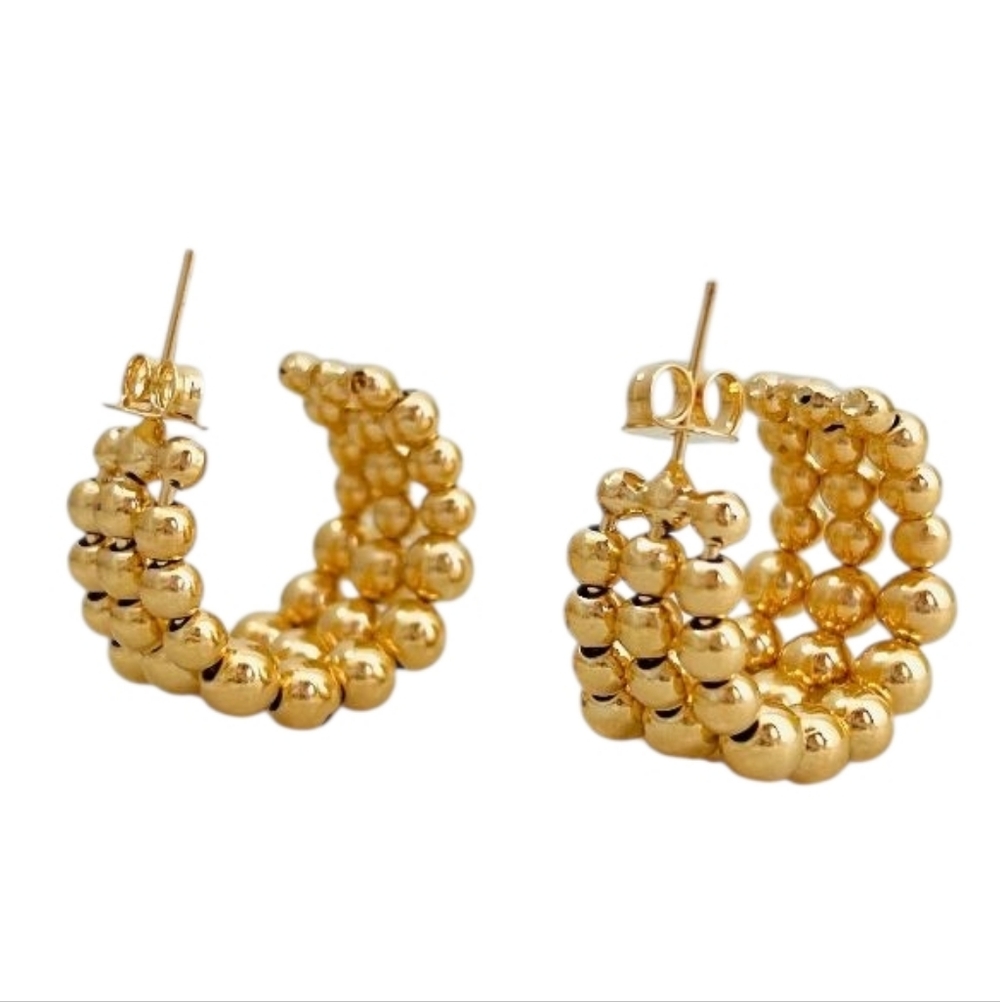 NEW! 18K Gold Plated Elegant Triple Beaded Half Hoop Post Earrings